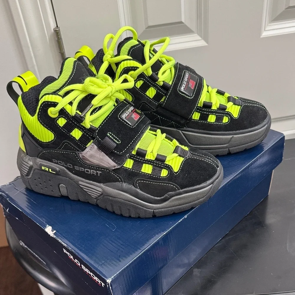 Polo by Ralph Lauren Black and Neon Green Suede Sneakers, Like New